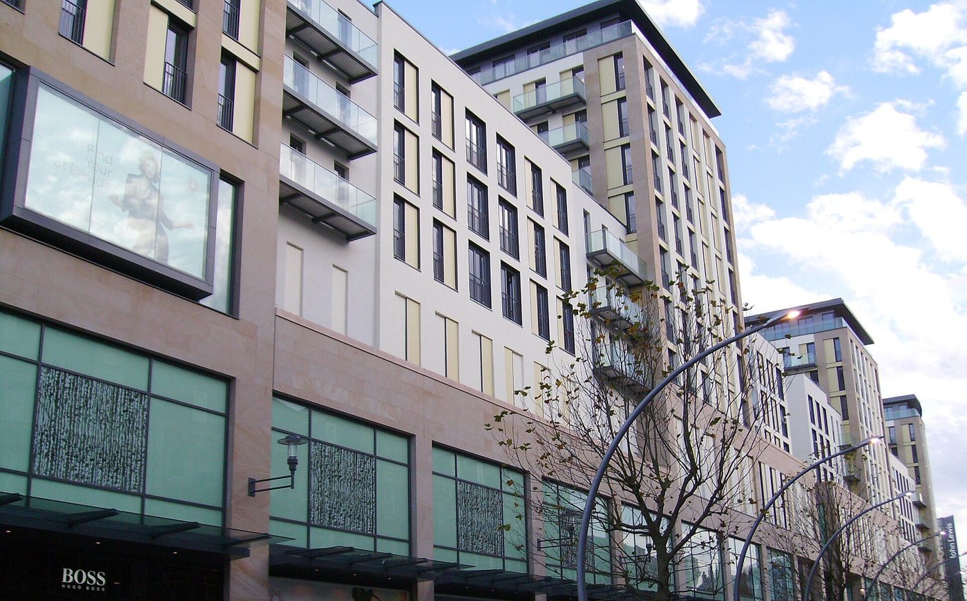 The Hayes & Hayes Apartments: The apartments above the shopfronts on the pedestrian spine, looking north